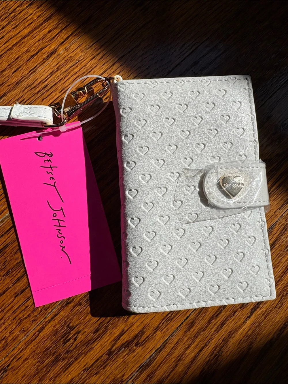 Betsey Johnson White Heart-Embossed Wristlet Phone Wallet